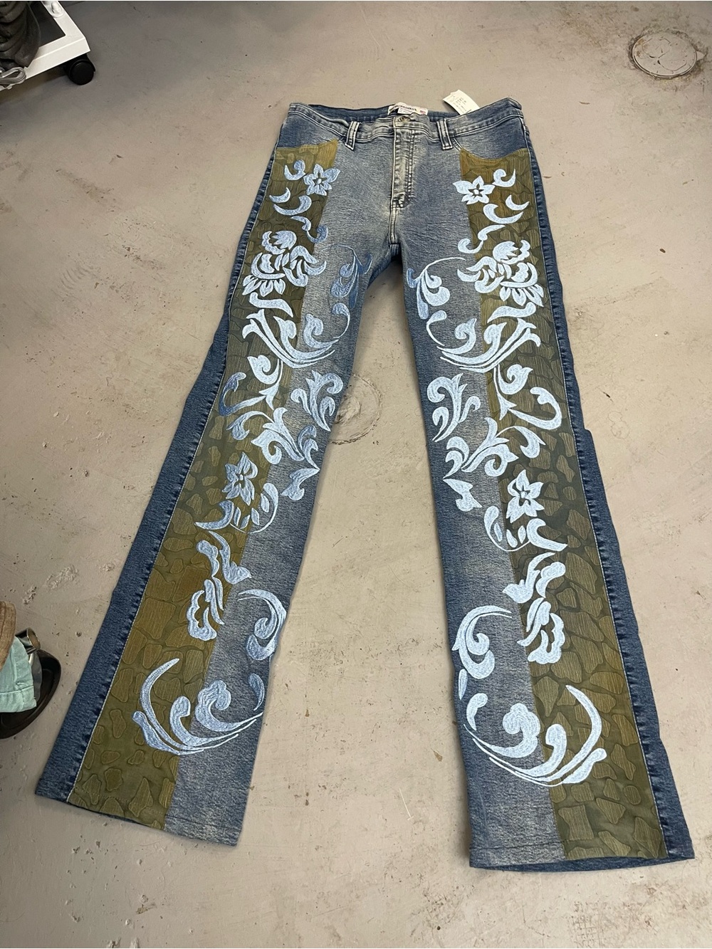 Straight Leg Women’s Jeans with Olive Panel & White Floral Print